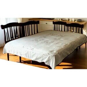 Hand Embroidered Beige Linen Tablecloth & 6 White Napkins Cut Outs